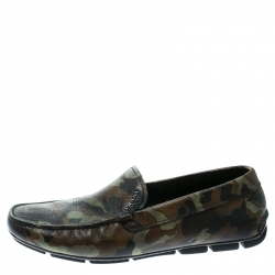 Prada Green Camouflage Print Saffiano Leather Loafers Size 41