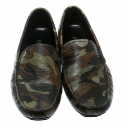 Prada Green Camouflage Print Saffiano Leather Loafers Size 41