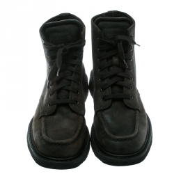 Prada Black Leather High Top Combat Boots Size 41.5