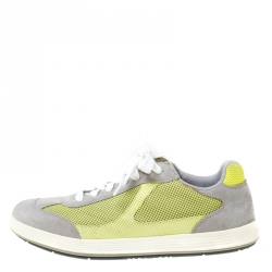Prada Grey/Neon Green Suede and Mesh Lace Up Low Top Sneakers Size 43