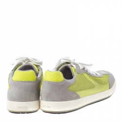 Prada Grey/Neon Green Suede and Mesh Lace Up Low Top Sneakers Size 43