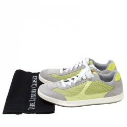 Prada Grey/Neon Green Suede and Mesh Lace Up Low Top Sneakers Size 43