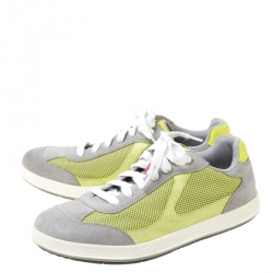 Prada Grey/Neon Green Suede and Mesh Lace Up Low Top Sneakers Size 43