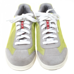 Prada Grey/Neon Green Suede and Mesh Lace Up Low Top Sneakers Size 43
