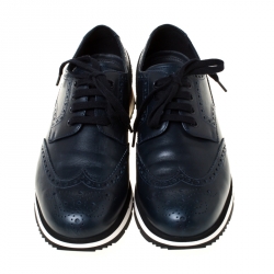Prada Navy Blue Brogue Leather Wingtip Lace Up Oxfords Size 42.5 