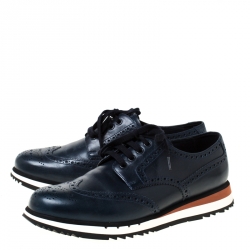 Prada Navy Blue Brogue Leather Wingtip Lace Up Oxfords Size 42.5 