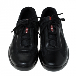 Pre Owned Prada Black Leather And Mesh America's Cup Lace Up Sneakers Size 43.5