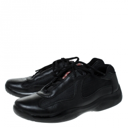 Pre Owned Prada Black Leather And Mesh America's Cup Lace Up Sneakers Size 43.5