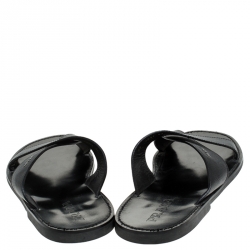 Prada Black Saffiano Leather Criss Cross Flat Slides Size 44