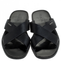 Prada Black Saffiano Leather Criss Cross Flat Slides Size 44
