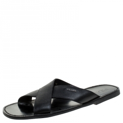 Prada Black Saffiano Leather Criss Cross Flat Slides Size 44