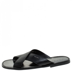 Prada Black Saffiano Leather Criss Cross Flat Slides Size 44