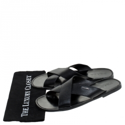 Prada Black Saffiano Leather Criss Cross Flat Slides Size 44