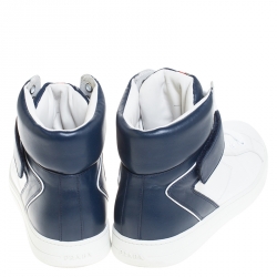 Prada White/Navy Blue Leather Strap High Top Sneakers Size 43.5