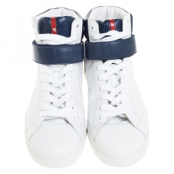 Prada White/Navy Blue Leather Strap High Top Sneakers Size 43.5
