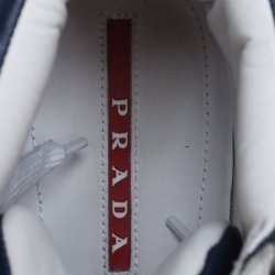 Prada White/Navy Blue Leather Strap High Top Sneakers Size 43.5
