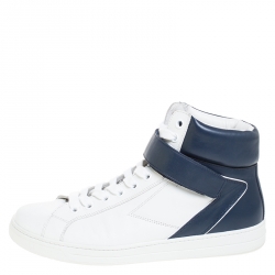 Prada White/Navy Blue Leather Strap High Top Sneakers Size 43.5