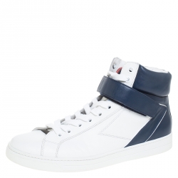 Prada White/Navy Blue Leather Strap High Top Sneakers Size 43.5 
