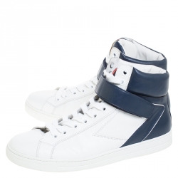 Prada White/Navy Blue Leather Strap High Top Sneakers Size 43.5