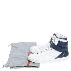 Prada White/Navy Blue Leather Strap High Top Sneakers Size 43.5