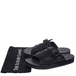 Prada Black Canvas And Nylon Strap Buckle Flat Slides Size 41