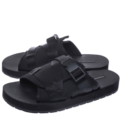 Prada Black Canvas And Nylon Strap Buckle Flat Slides Size 41