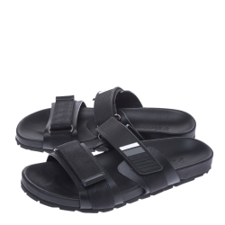Prada Black Leather And Nylon Velcro Flat Slides Size 41