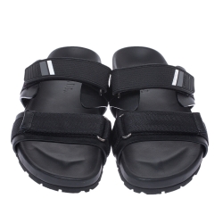 Prada Black Leather And Nylon Velcro Flat Slides Size 41
