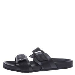 Prada Black Leather And Nylon Velcro Flat Slides Size 41