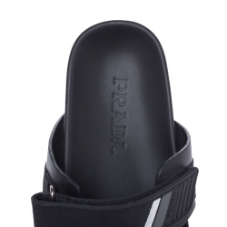Prada Black Leather And Nylon Velcro Flat Slides Size 41