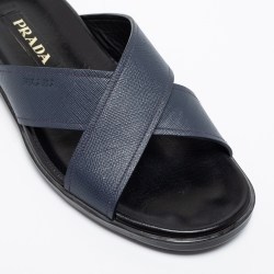 Prada Navy Blue Saffiano Leather Criss Cross Flat Slide Sandals Size 42.5