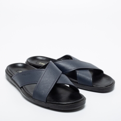 Prada Navy Blue Saffiano Leather Criss Cross Flat Slide Sandals Size 42.5