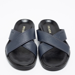 Prada Navy Blue Saffiano Leather Criss Cross Flat Slide Sandals Size 42.5