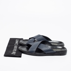 Prada Navy Blue Saffiano Leather Criss Cross Flat Slide Sandals Size 42.5