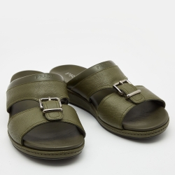 Prada Olive Green Saffiano Leather Buckle Slide Slipper Size 44.5