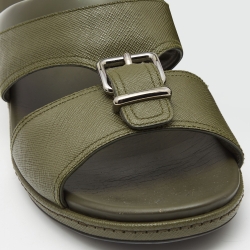 Prada Olive Green Saffiano Leather Buckle Slide Slipper Size 44.5