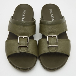 Prada Olive Green Saffiano Leather Buckle Slide Slipper Size 44.5