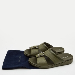 Prada Olive Green Saffiano Leather Buckle Slide Slipper Size 44.5
