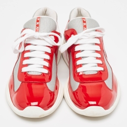 Prada Red/Grey Patent and Mesh Punta Ala Sneakers Size 45