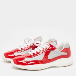 Prada Red/Grey Patent and Mesh Punta Ala Sneakers Size 45
