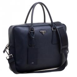 Prada Navy Blue Saffiano Leather Classic Laptop Bag