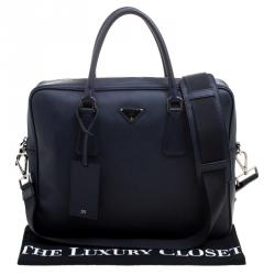 Prada Navy Blue Saffiano Leather Classic Laptop Bag