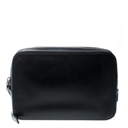 Prada Black Saffiano Leather Portfolio Zip Clutch