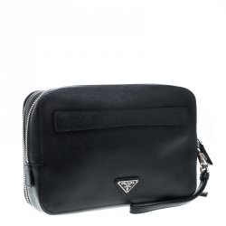 Prada Black Saffiano Leather Portfolio Zip Clutch