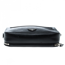 Prada Black Saffiano Leather Portfolio Zip Clutch