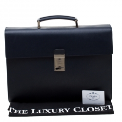 Prada Navy Blue Saffiano Cuir Leather Briefcase