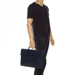Prada Navy Blue Saffiano Cuir Leather Briefcase