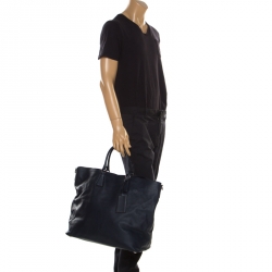 Pre Owned Prada Navy Blue Saffiano Soft Leather Weekender Bag