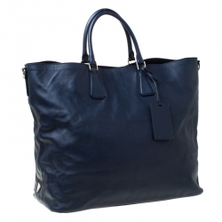 Pre Owned Prada Navy Blue Saffiano Soft Leather Weekender Bag