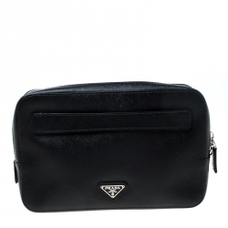 Pre Owned Prada Black Saffiano Leather Studded Travel Pouch